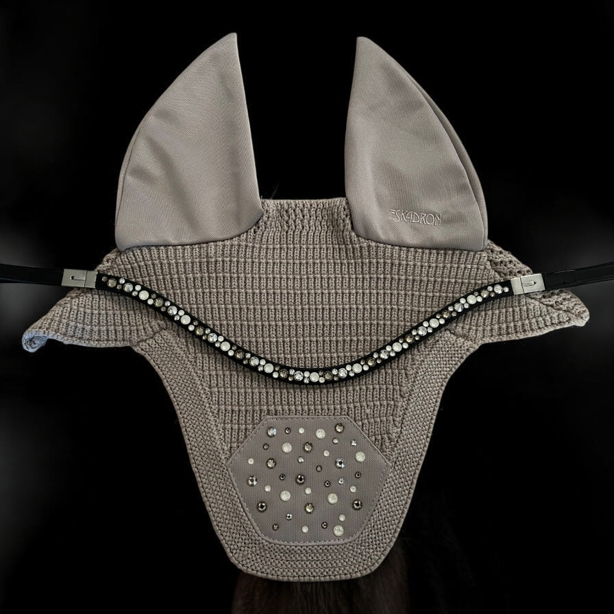 „Creme Couture“ cremefarbene Fliegenohren mit funkelnden Kristallen und farblich passenden Stirnriemen mit Klick-Schnellwechselsystem