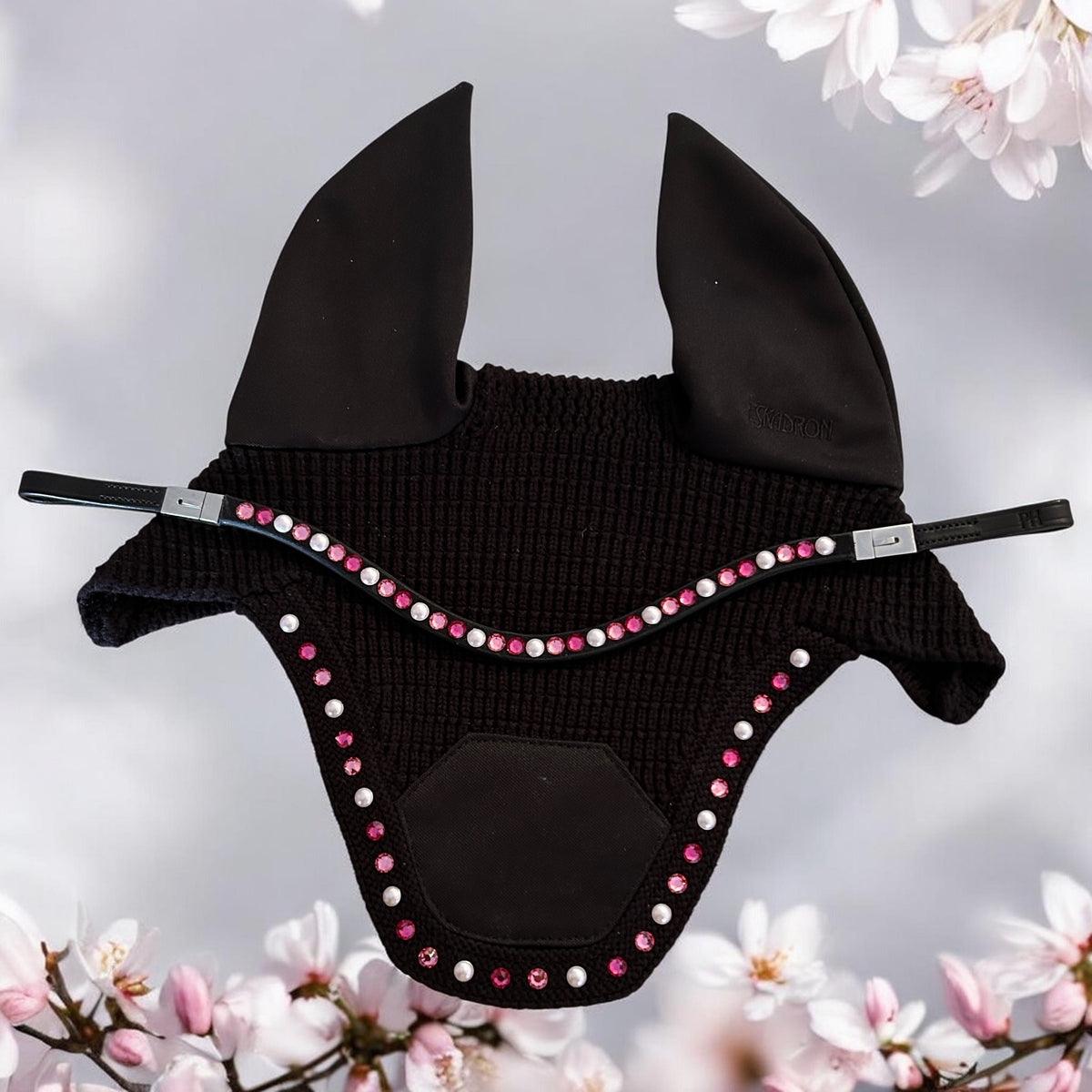 Stirnriemen „Pretty in Pink“ mit Fliegenhaube –  Schwarz, Größe Full