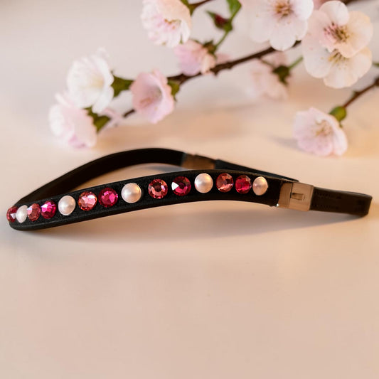 Stirnriemen „Pretty in Pink“ mit Fliegenhaube –  Schwarz, Größe Full